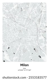 Editable vector poster map of Milan, Italy, showcasing detailed street layouts, main roads, neighborhoods, and landmarks in Gray, Black, White, BW colors.