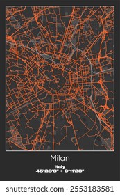 Editable vector poster map of Milan, Italy, showcasing detailed street layouts, main roads, neighborhoods, and landmarks in Gray, Black, Orange colors.