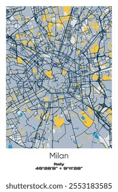 Editable vector poster map of Milan, Italy, showcasing detailed street layouts, main roads, neighborhoods, and landmarks in Blue, Gray, Yellow, Olive colors.