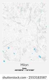 Mapa de pôster vetorial editável de Milão, Itália, mostrando detalhados layouts de rua, principais estradas, bairros e pontos de referência em cores cinzentas, brancas e azuis.