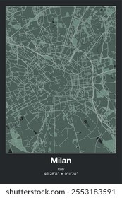 Editable vector poster map of Milan, Italy, showcasing detailed street layouts, main roads, neighborhoods, and landmarks in Dark gray, Gray, Green, gray-green colors.