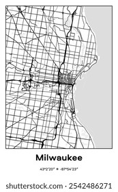 Editable vector poster map of Milwaukee,Wisconsin, showcasing detailed street layouts, main roads, neighborhoods, and landmarks in Black, white, gray colors.