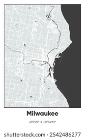 Editable vector poster map of Milwaukee,Wisconsin, showcasing detailed street layouts, main roads, neighborhoods, and landmarks in Gray, Black, White colors.