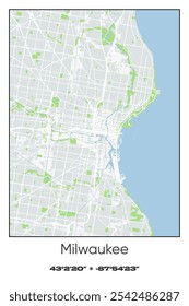 Editable vector poster map of Milwaukee,Wisconsin, showcasing detailed street layouts, main roads, neighborhoods, and landmarks in Gray, white, green, blue colors.