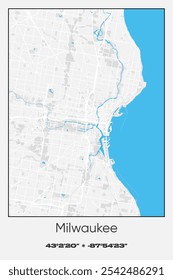 Editable vector poster map of Milwaukee,Wisconsin, showcasing detailed street layouts, main roads, neighborhoods, and landmarks in Gray, white, blue colors.