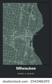 Editable vector poster map of Milwaukee,Wisconsin, showcasing detailed street layouts, main roads, neighborhoods, and landmarks in Dark gray, Gray, Green, gray-green colors.