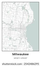 Editable vector poster map of Milwaukee,Wisconsin, showcasing detailed street layouts, main roads, neighborhoods, and landmarks in Pastel, Gray, White, Green colors.