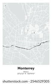 Editable vector poster map of Monterrey, Mexico, showcasing detailed street layouts, main roads, neighborhoods, and landmarks in Gray, Black, White, BW colors.