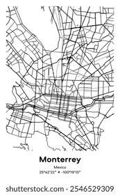 Editable vector poster map of Monterrey, Mexico, showcasing detailed street layouts, main roads, neighborhoods, and landmarks in Black, white, gray, BW colors.