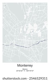 Editable vector poster map of Monterrey, Mexico, showcasing detailed street layouts, main roads, neighborhoods, and landmarks in Gray, Blue, Green, White colors.