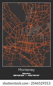 Editable vector poster map of Monterrey, Mexico, showcasing detailed street layouts, main roads, neighborhoods, and landmarks in Gray, Black, Orange colors.