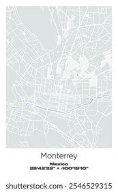 Editable vector poster map of Monterrey, Mexico, showcasing detailed street layouts, main roads, neighborhoods, and landmarks in Gray, white, green, blue colors.