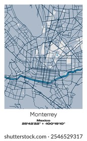 Editable vector poster map of Monterrey, Mexico, showcasing detailed street layouts, main roads, neighborhoods, and landmarks in Blue, Gray, Yellow, Olive colors.