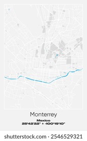 Editable vector poster map of Monterrey, Mexico, showcasing detailed street layouts, main roads, neighborhoods, and landmarks in Gray, white, blue colors.