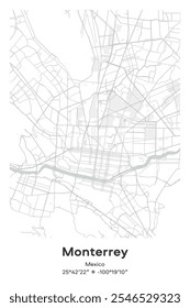 Editable vector poster map of Monterrey, Mexico, showcasing detailed street layouts, main roads, neighborhoods, and landmarks in Pastel, Gray, White, Green colors.