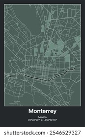 Editable vector poster map of Monterrey, Mexico, showcasing detailed street layouts, main roads, neighborhoods, and landmarks in Dark gray, Gray, Green, gray-green colors.