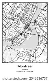 Editable vector poster map of Montreal, Canada, showcasing detailed street layouts, main roads, neighborhoods, and landmarks in Black, white, gray, BW colors.