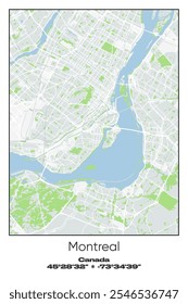 Editable vector poster map of Montreal, Canada, showcasing detailed street layouts, main roads, neighborhoods, and landmarks in Gray, white, green, blue colors.