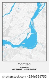 Editable vector poster map of Montreal, Canada, showcasing detailed street layouts, main roads, neighborhoods, and landmarks in Gray, white, blue colors.