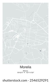 Editable vector poster map of Morelia, Mexico, showcasing detailed street layouts, main roads, neighborhoods, and landmarks in Gray, Blue, Green, White colors.