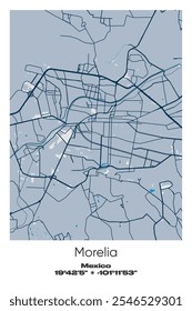 Editable vector poster map of Morelia, Mexico, showcasing detailed street layouts, main roads, neighborhoods, and landmarks in Blue, Gray, Yellow, Olive colors.