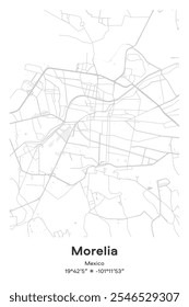 Editable vector poster map of Morelia, Mexico, showcasing detailed street layouts, main roads, neighborhoods, and landmarks in Pastel, Gray, White, Green colors.
