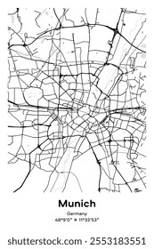 Mapa de cartaz vetorial editável de Munique, Alemanha, mostrando detalhados layouts de rua, principais estradas, bairros e pontos de referência em preto, branco, cinza, BW cores.