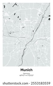 Mapa de cartaz vetorial editável de Munique, Alemanha, mostrando detalhados layouts de rua, principais estradas, bairros e pontos de referência em cores cinzentas, pretas, brancas e brancas.