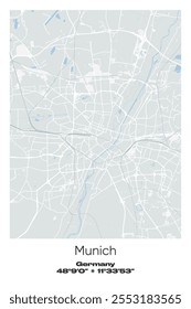 Mapa de pôster vetorial editável de Munique, Alemanha, mostrando detalhados layouts de rua, estradas principais, bairros e pontos de referência em cores cinzentas, brancas, verdes, azuis.