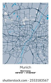 Mapa de pôster vetorial editável de Munique, Alemanha, mostrando detalhados layouts de rua, principais estradas, bairros e pontos de referência em azul, cinza, amarelo, azeitona cores.