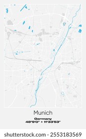 Mapa de pôster vetorial editável de Munique, Alemanha, mostrando detalhados layouts de rua, estradas principais, bairros e pontos de referência em cores cinzentas, brancas e azuis.