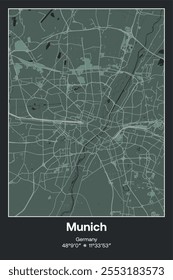 Editable vector poster map of Munich, Germany, showcasing detailed street layouts, main roads, neighborhoods, and landmarks in Dark gray, Gray, Green, gray-green colors.