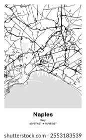 Mapa de cartaz vetorial editável de Nápoles, Itália, mostrando detalhados layouts de rua, principais estradas, bairros e pontos de referência em preto, branco, cinza, BW cores.