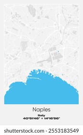 Mapa de cartaz vetorial editável de Nápoles, Itália, mostrando detalhados layouts de rua, principais estradas, bairros e pontos de referência em cores cinzentas, brancas e azuis.