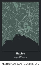 Editable vector poster map of Naples, Italy, showcasing detailed street layouts, main roads, neighborhoods, and landmarks in Dark gray, Gray, Green, gray-green colors.