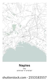 Editable vector poster map of Naples, Italy, showcasing detailed street layouts, main roads, neighborhoods, and landmarks in Pastel, Gray, White, Green colors.