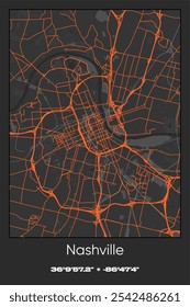 Editable vector poster map of Nashville,Tennessee, showcasing detailed street layouts, main roads, neighborhoods, and landmarks in Gray, Black, Orange colors.