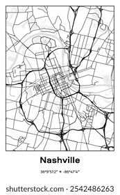 Editable vector poster map of Nashville,Tennessee, showcasing detailed street layouts, main roads, neighborhoods, and landmarks in Black, white, gray colors.