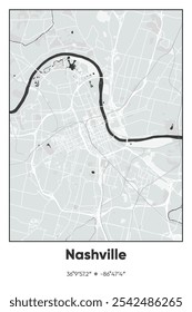Editable vector poster map of Nashville,Tennessee, showcasing detailed street layouts, main roads, neighborhoods, and landmarks in Gray, Black, White colors.