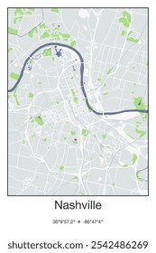 Editable vector poster map of Nashville,Tennessee, showcasing detailed street layouts, main roads, neighborhoods, and landmarks in Gray, Blue, Green, White colors.