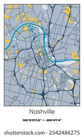 Editable vector poster map of Nashville,Tennessee, showcasing detailed street layouts, main roads, neighborhoods, and landmarks in Blue, Gray, Yellow, Olive colors.
