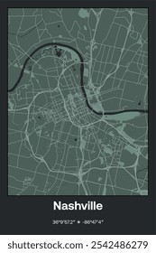 Editable vector poster map of Nashville,Tennessee, showcasing detailed street layouts, main roads, neighborhoods, and landmarks in Dark gray, Gray, Green, gray-green colors.