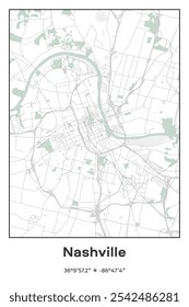 Editable vector poster map of Nashville,Tennessee, showcasing detailed street layouts, main roads, neighborhoods, and landmarks in Pastel, Gray, White, Green colors.