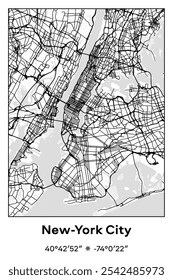 Editable vector poster map of New York City,New York, showcasing detailed street layouts, main roads, neighborhoods, and landmarks in Black, white, gray colors.