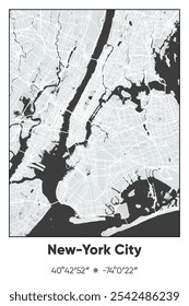 Editable vector poster map of New York City,New York, showcasing detailed street layouts, main roads, neighborhoods, and landmarks in Gray, Black, White colors.