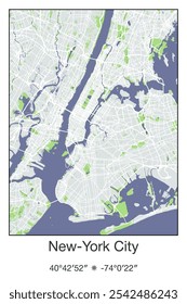 Editable vector poster map of New York City,New York, showcasing detailed street layouts, main roads, neighborhoods, and landmarks in Gray, Blue, Green, White colors.