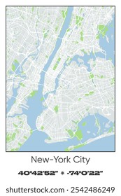 Mapa de afiche de Vector editable de la Nueva ciudad de York, Nueva York, que muestra diseños detallados de calles, carreteras principales, vecindarios y Lugares famosos en colores gris, blanco, verde y azul.