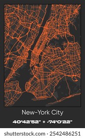 Mapa de pôster vetorial editável da cidade de Nova Iorque, Nova Iorque, mostrando detalhados layouts de rua, principais estradas, bairros e pontos de referência nas cores cinza, preto, laranja.