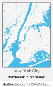 Editable vector poster map of New York City,New York, showcasing detailed street layouts, main roads, neighborhoods, and landmarks in Gray, white, blue colors.