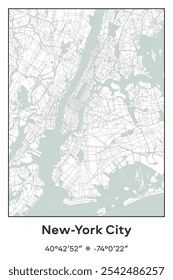 Mapa de pôster vetorial editável da cidade de Nova Iorque, Nova Iorque, mostrando detalhados layouts de rua, principais estradas, bairros e pontos de referência nas cores Pastel, Gray, White, Green.